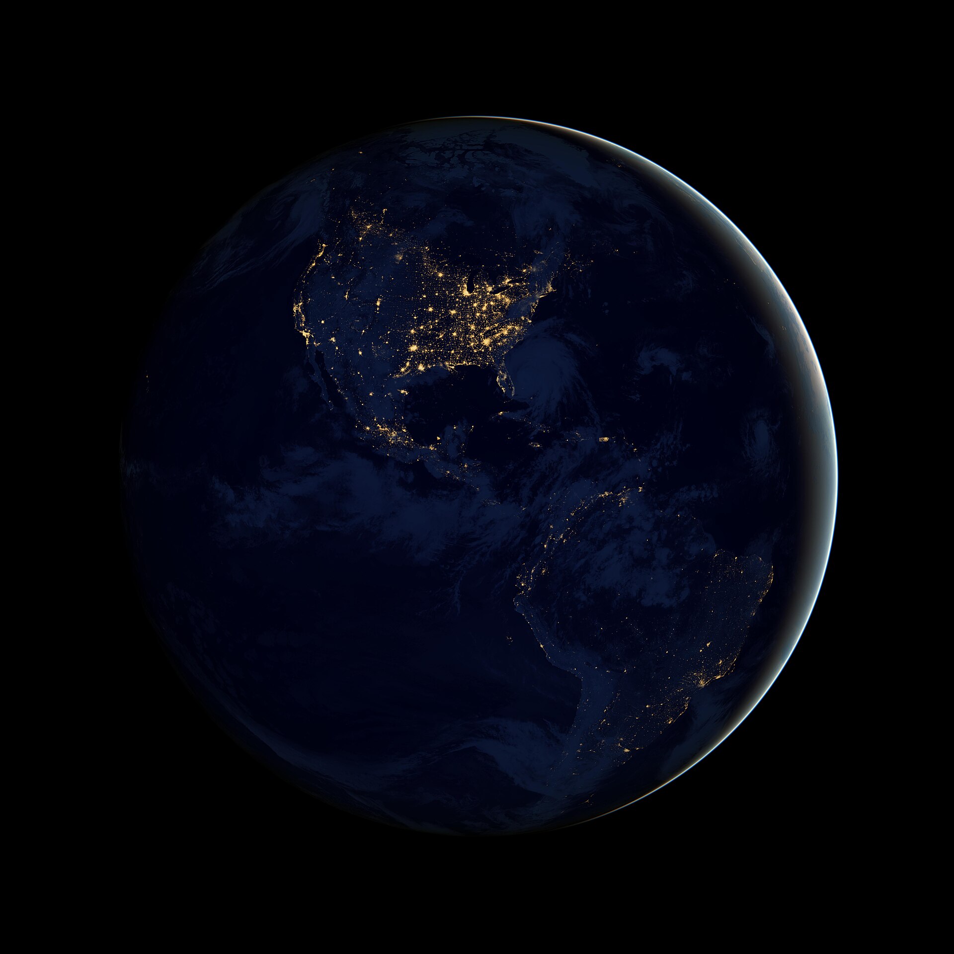 NASA Black Marble night view of the Americas — practice continent-level map guesses before zooming to a town