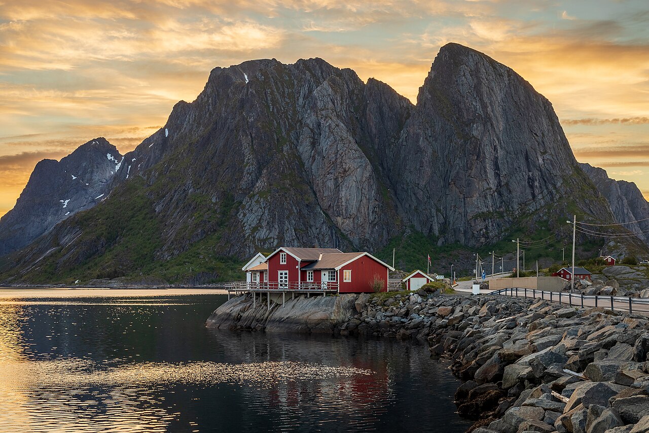 Coastal Nordland landscape near Reinefjorden, Norway — northern road context for snow poles